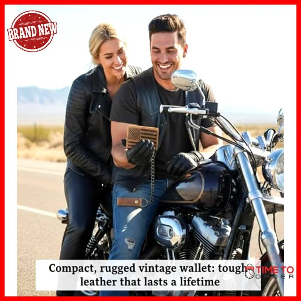 Men's RFID Blocking Tri-fold Leather Wallet with Steel Chain, Vintage Biker